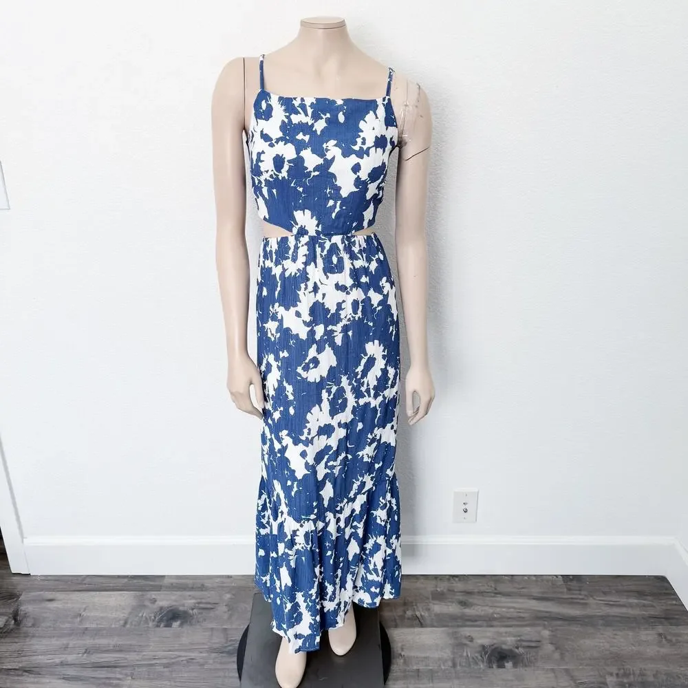 [Abercrombie & Fitch] Blue Crinkle Cutout High Neck Maxi Dress Pockets Size XLP